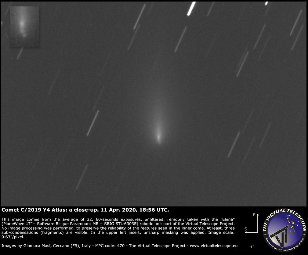 The Virtual Telescope Project captured this view of Comet Atlas&#039; shattered nucleus on April 11, 2020.