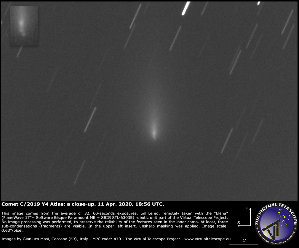 The Virtual Telescope Project captured this view of Comet Atlas' shattered nucleus on April 11, 2020.