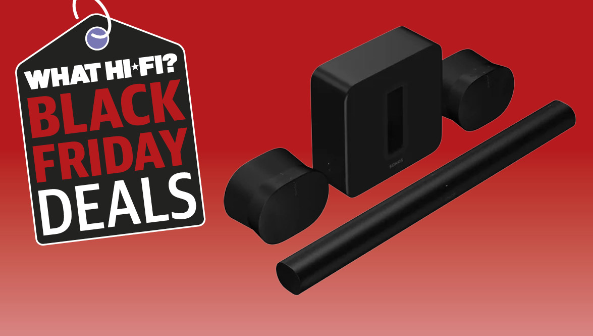 Sonos Ultra Immersive home theatre set on a red background