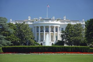 The White House with tulips blooming.