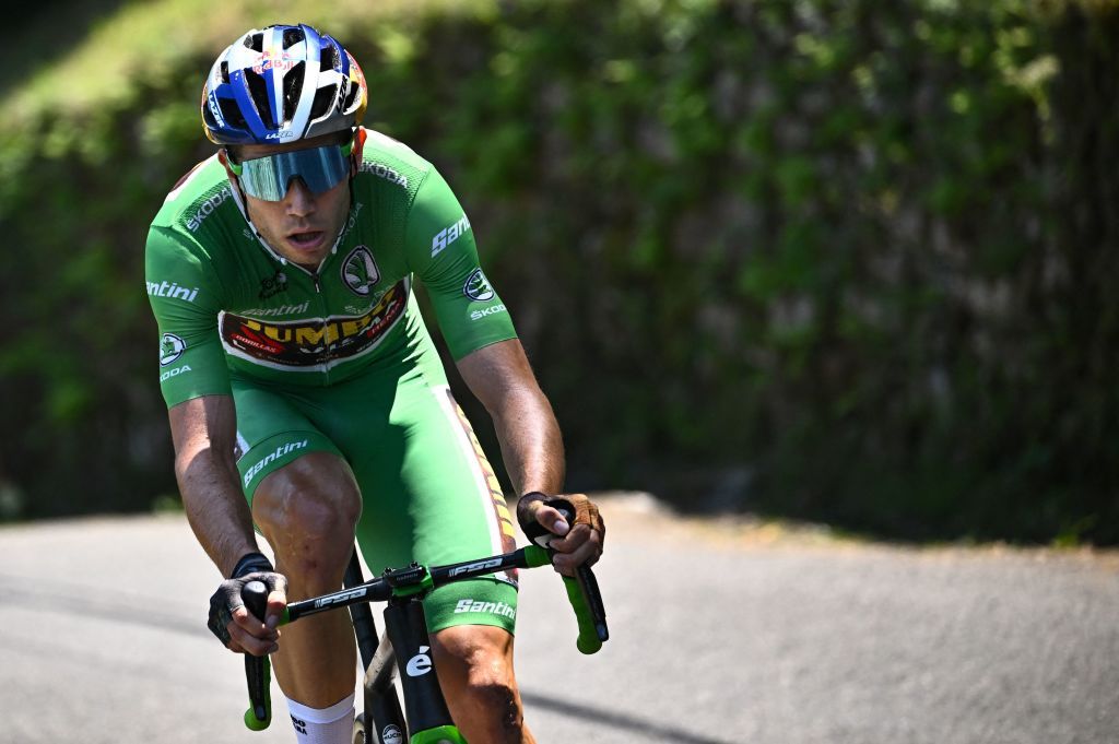 JumboVisma teams Belgian rider Wout Van Aert wearing the sprinters green jersey cycles in a breakaway during the 18th stage of the 109th edition of the Tour de France cycling race 1432 km between Lourdes and Hautacam in the Pyrenees mountains in southwestern France on July 21 2022 Photo by AnneChristine POUJOULAT AFP Photo by ANNECHRISTINE POUJOULATAFP via Getty Images