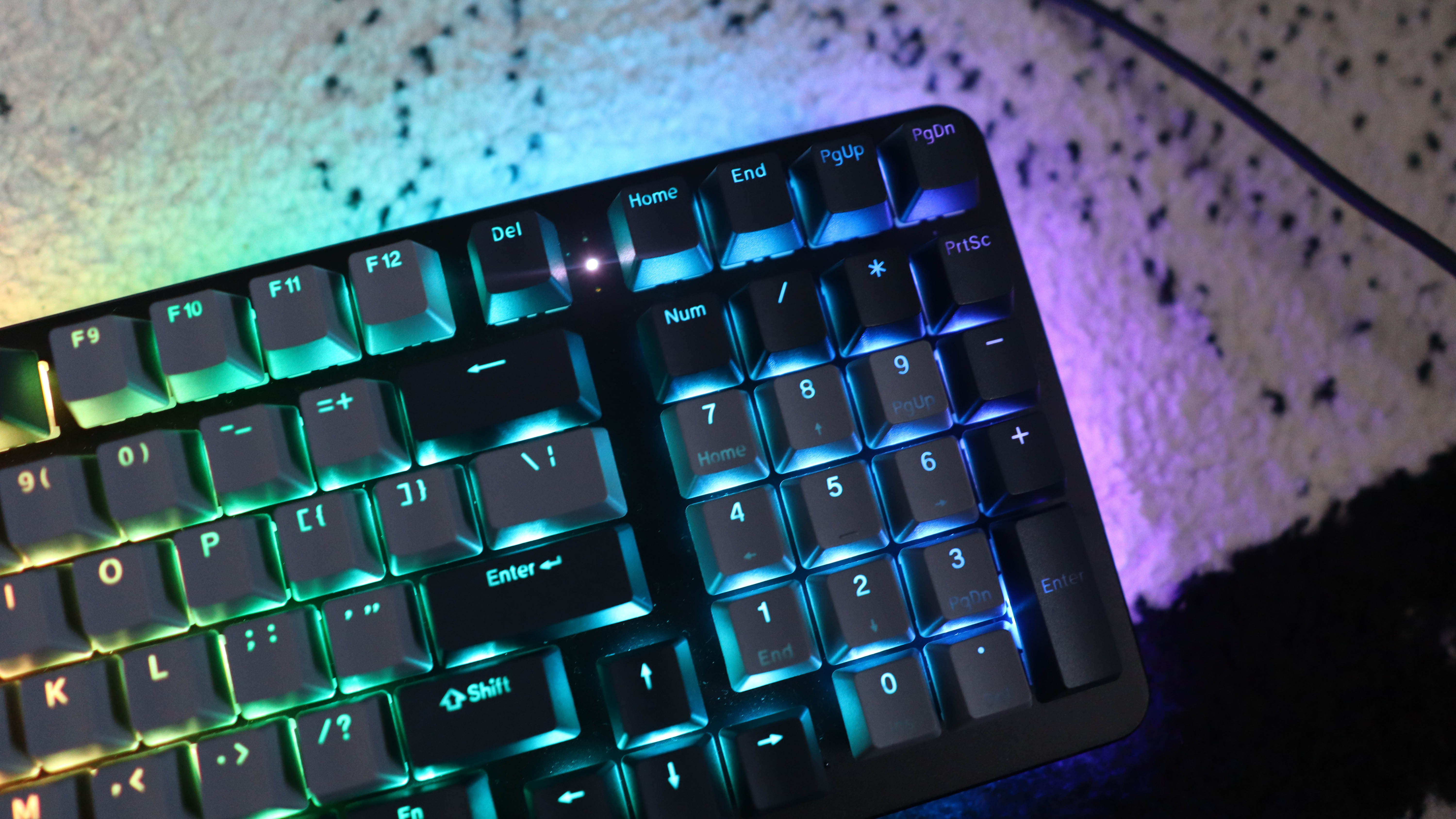 Drop Shift V2 mechanical keyboard with RGB lighting enabled.