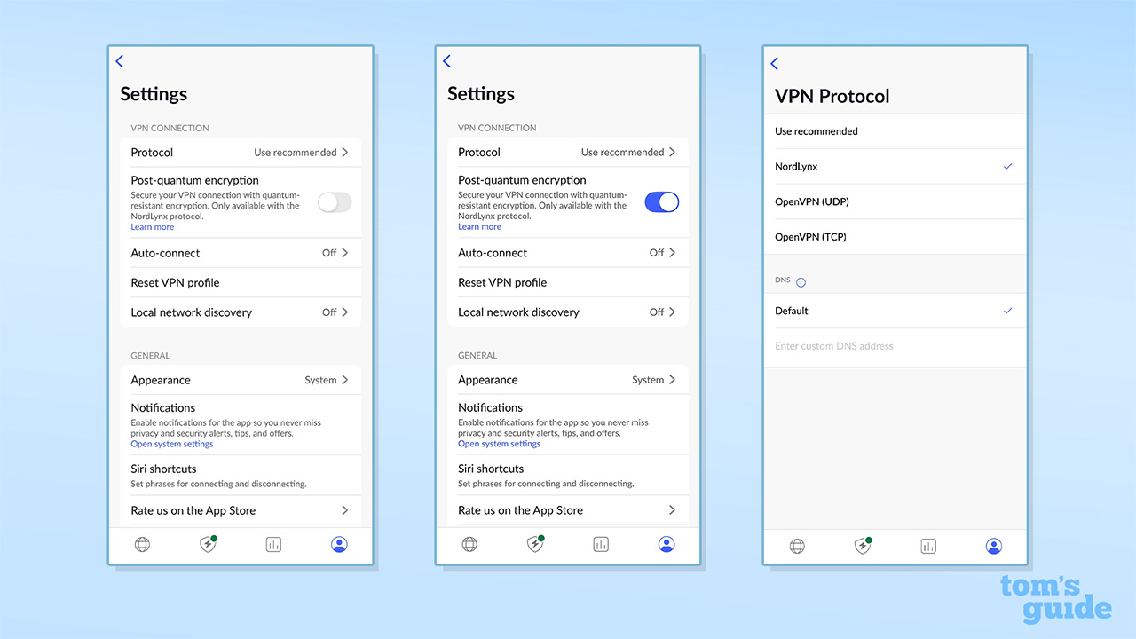 Screenshots of NordVPN iOS app settings