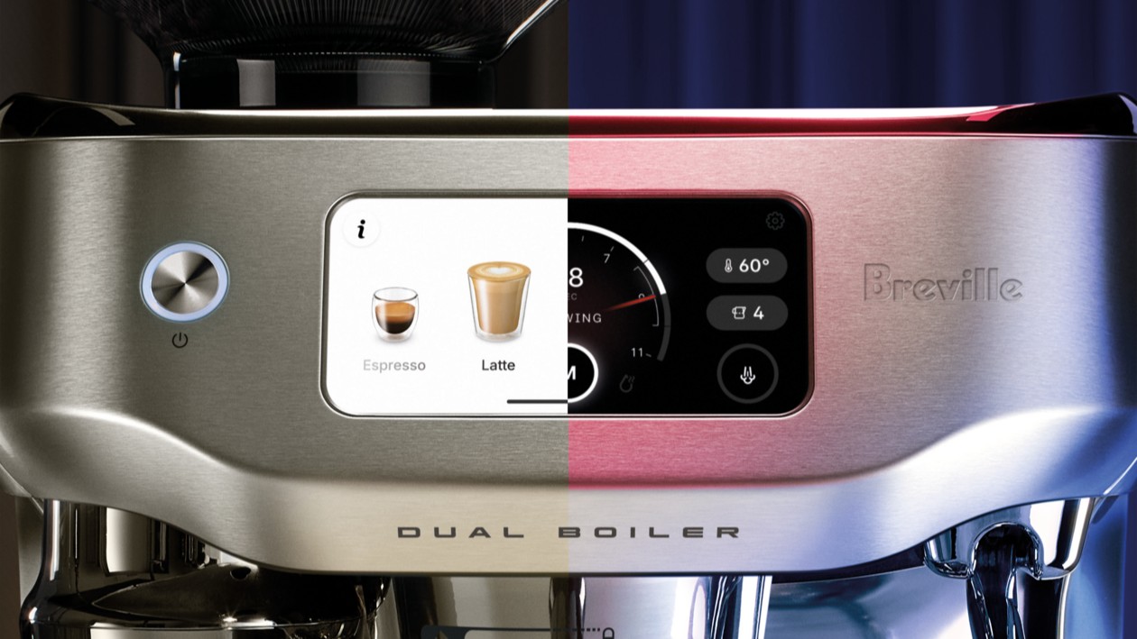 Display of Breville espresso machine showing automatic and manual interfaces