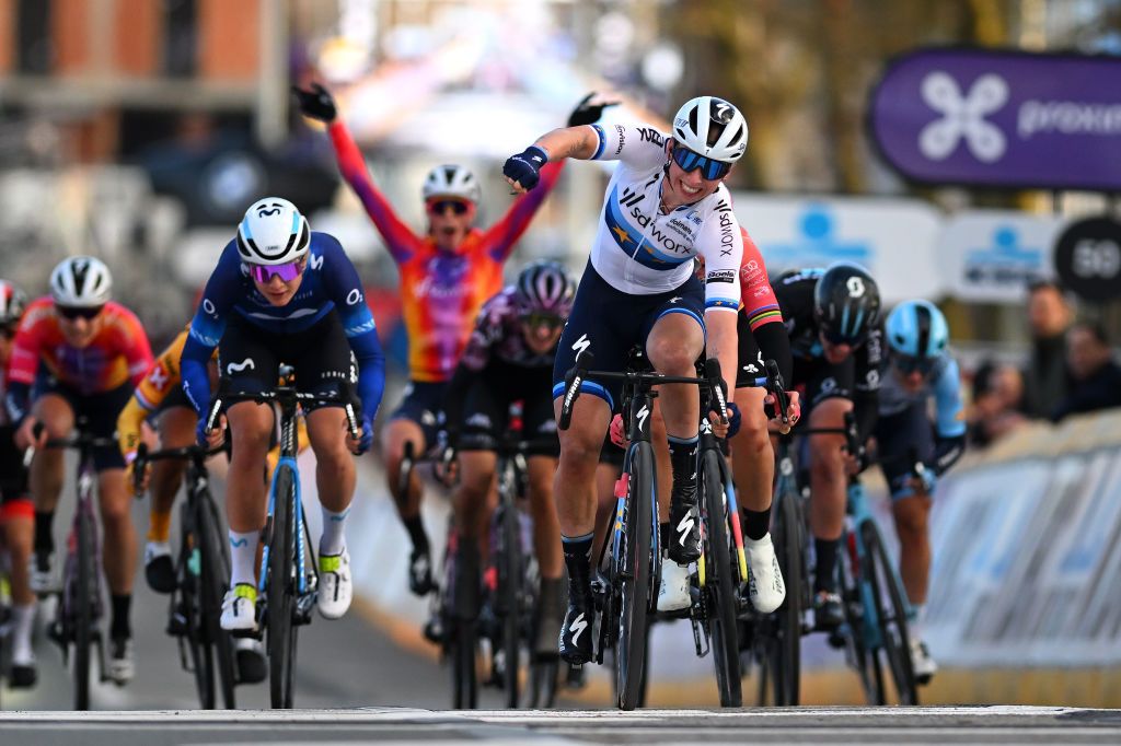 NINOVE BELGIUM FEBRUARY 25 Lorena Wiebes of The Netherlands and Team SD Worx celebrates at finish line crossing on second place during the 18th Omloop Het Nieuwsblad Elite 2023 Womens Elite a 1322km one day race from Ghent to Ninove OHN23 on February 25 2023 in Ghent Belgium Photo by Luc ClaessenGetty Images