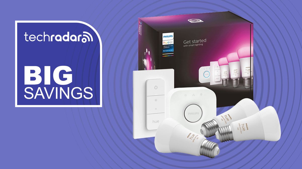 Philips Hue starter kit on purple background with white text reading &#039;TechRadar big savings&#039;