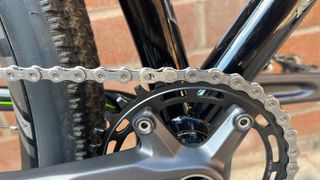 Close up of chain of Shimano Deore Linkglide groupset on bike
