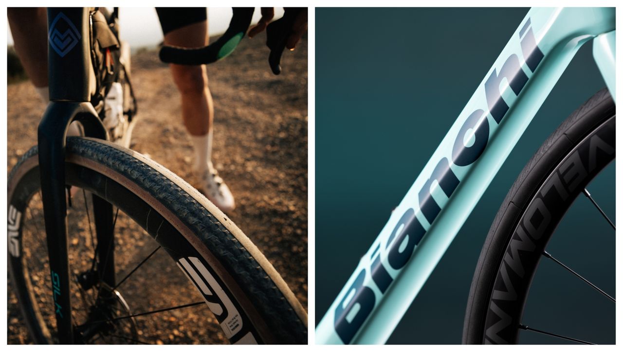 Hutchinson Caracal gravel tire (L) Bianchi Infinito road bike (R)