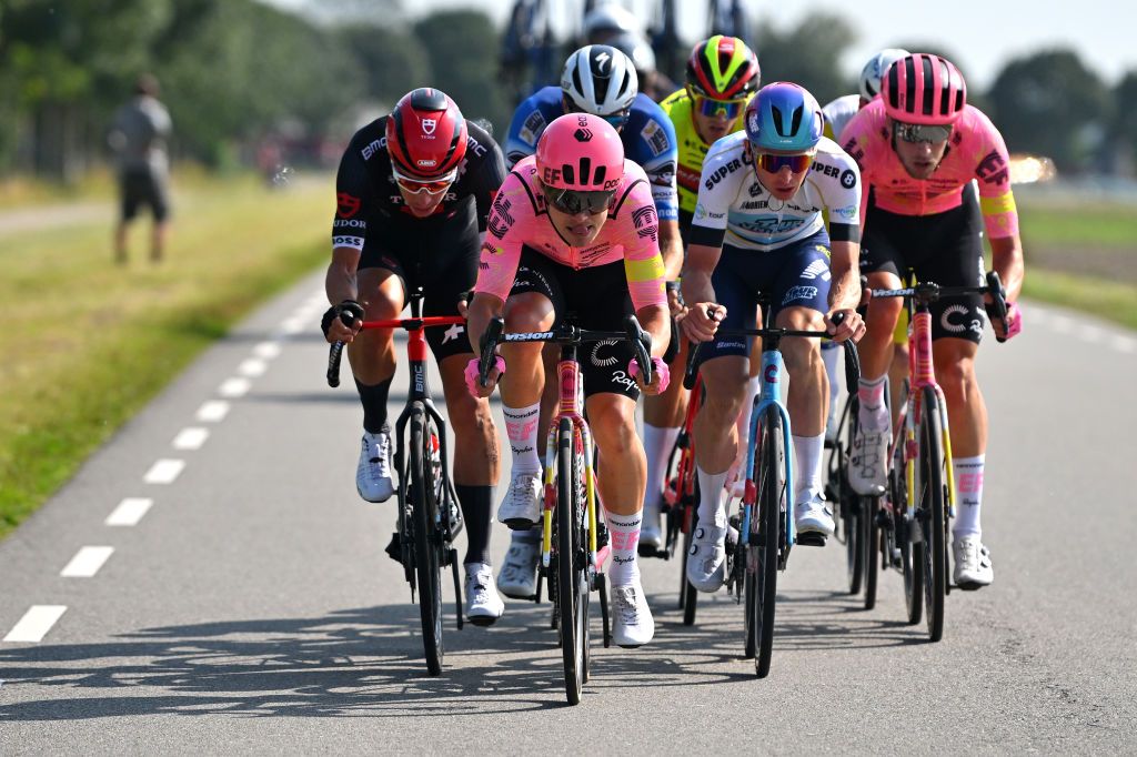 OOSTBURG BELGIUM AUGUST 31 LR Simon Pellaud of Switzerland Jack RootkinGray of The United Kingdom and Team EF Education Easypost and Jordy Bouts of Belgium and Team TDT Unibet White Combativity Jersey compete in the breakaway during the 20th Renewi Tour 2024 Stage 4 a 1785km stage from Oostburg to Aalter UCIWT on August 31 2024 in Oostburg Belgium Photo by Luc ClaessenGetty Images
