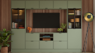 green media wall with panelling behind it