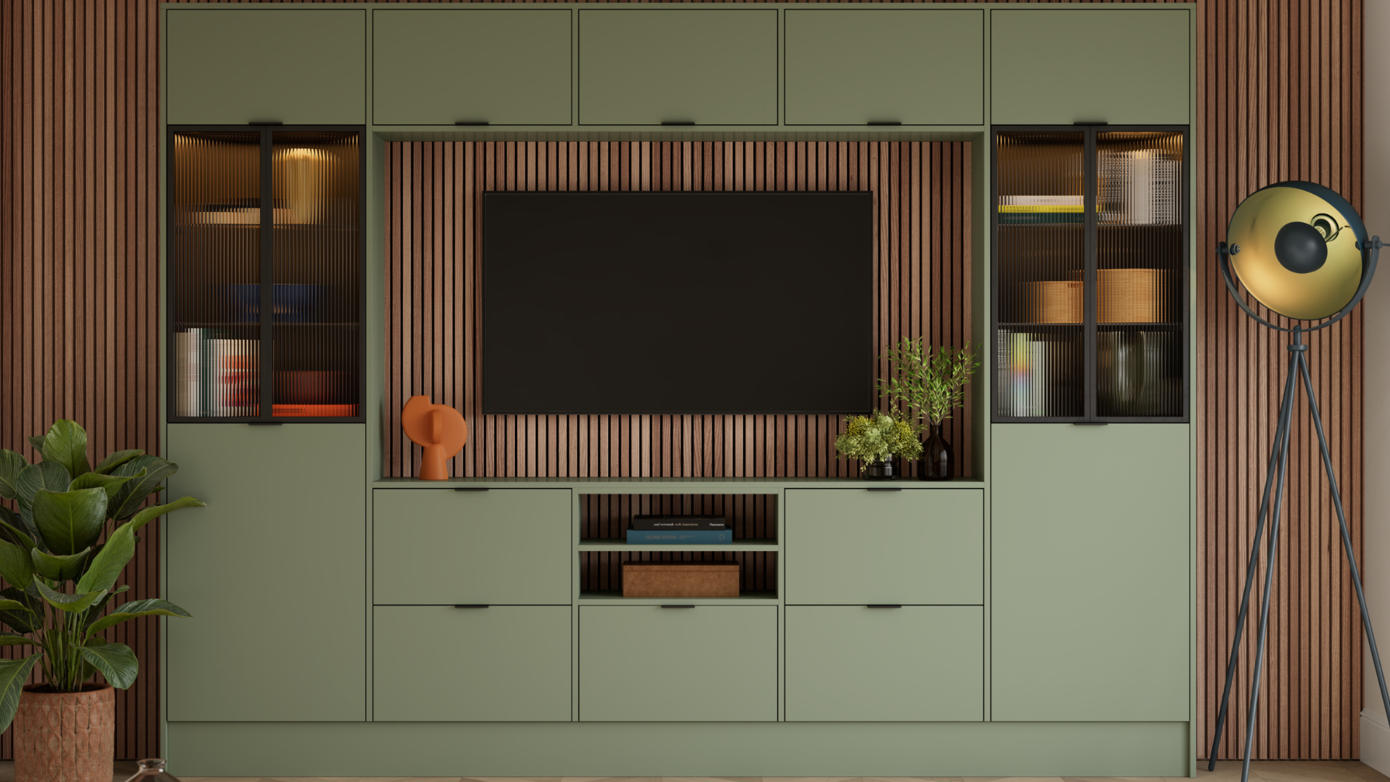 green media wall with panelling behind it
