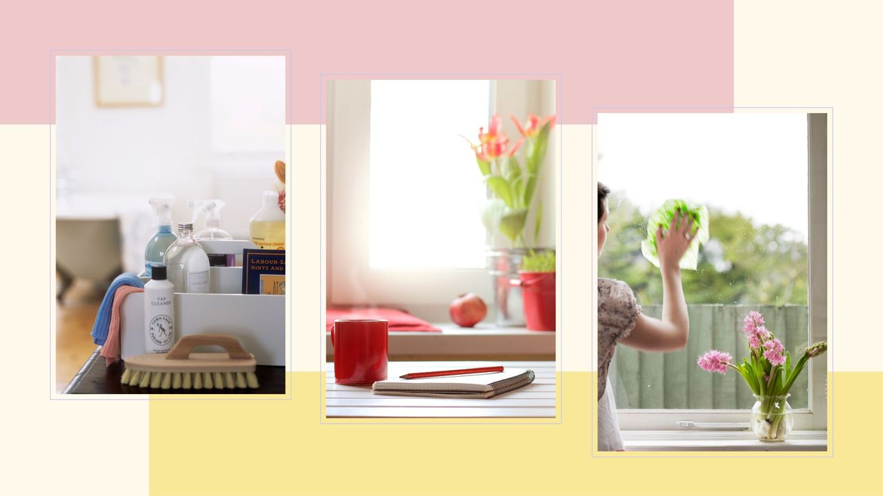 compilation image of cleaning products, a notepad and person cleaning on a pink and yellow background to support a spring cleaning checklist guide