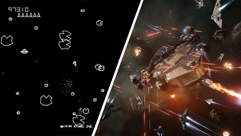 Split image showing the 1979 game Asteroids on the left and Star Citizen on the right.