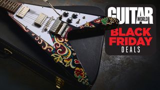 Epiphone Love Drops Flying V on a case