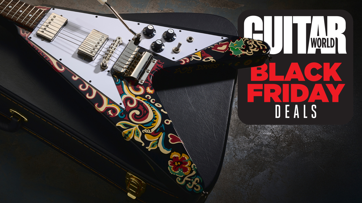 Epiphone Love Drops Flying V on a case 