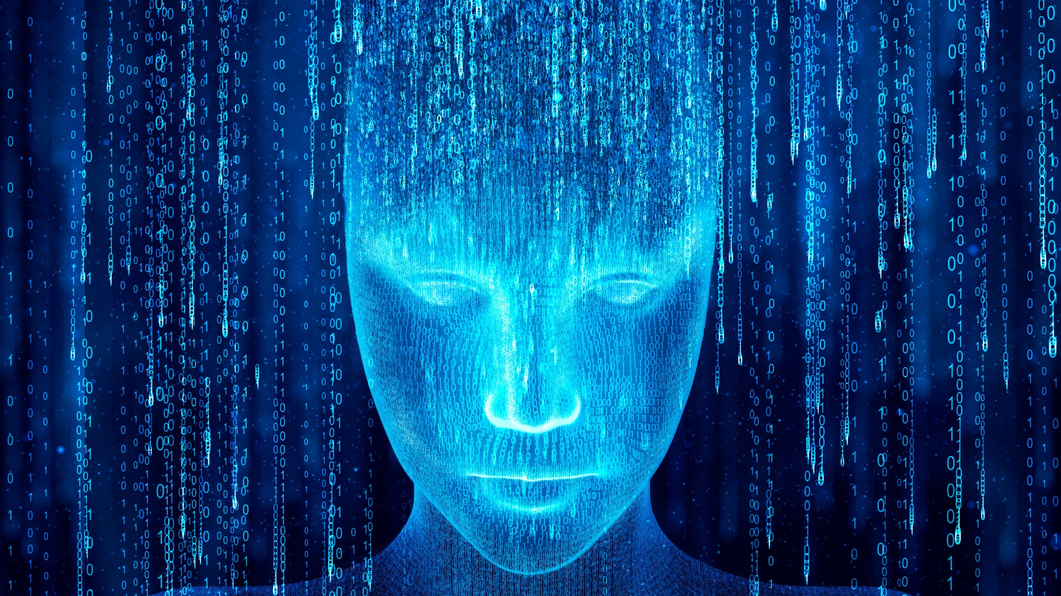 Hologram of the artificial intelligence robot showing up from binary code