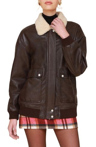 Leather Bomber Jacket With Genuine Shearling Collar