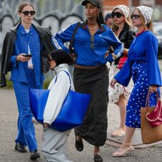 Photo Collage of street style and runway images featuring cobalt blue color trend at Copenhagen Fashion Week spring summer 2026 season.