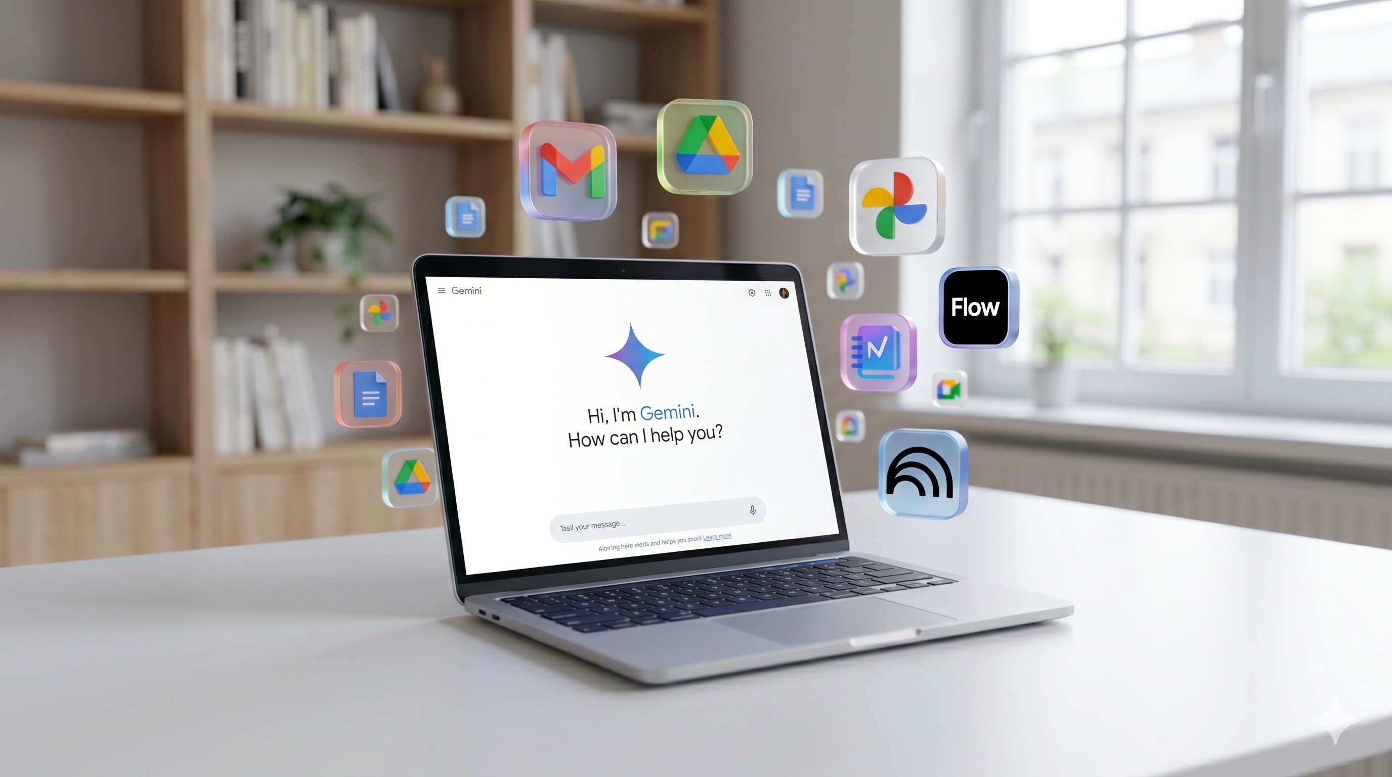 A laptop showing Gemini, surrounded by floating Gmail, Drive, Photos, NotebookLM and Flow icons.