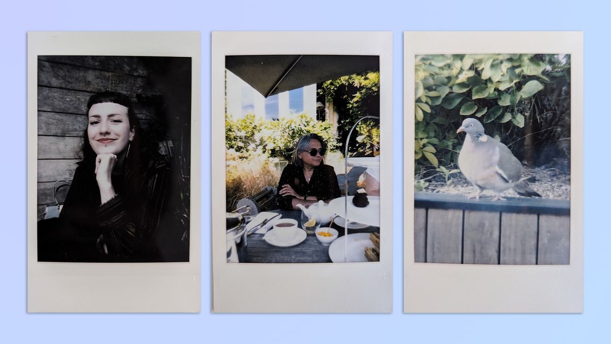 A compilation of photos taken with a matcha green Fujifilm Instax mini LiPlay 2-in-1 camera