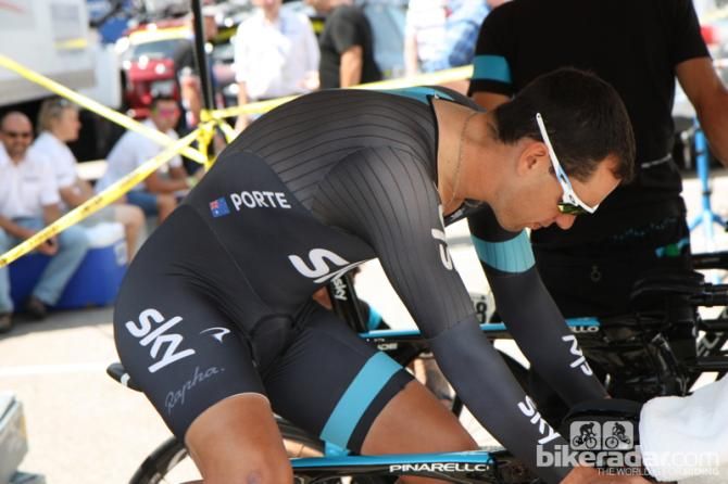 Team Sky's Ritchie Porte in a Rapha-branded but not Rapha-produced skinsuit