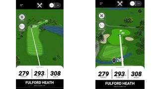The full hole view and green detail view on the Blue Tees Game App