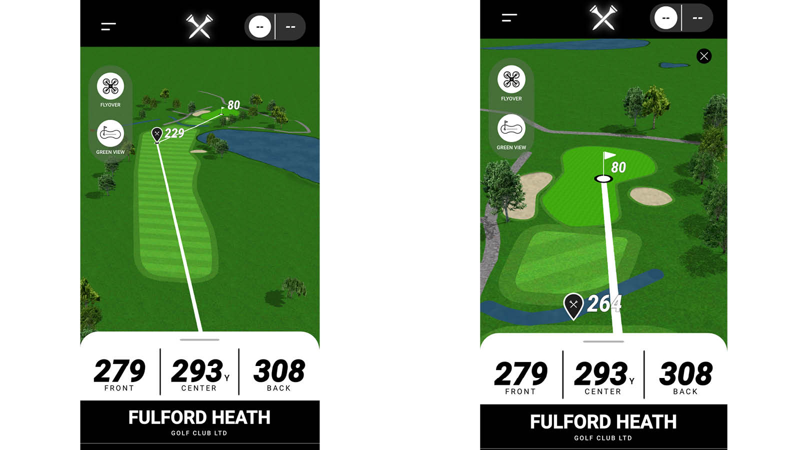 The full hole view and green detail view on the Blue Tees Game App