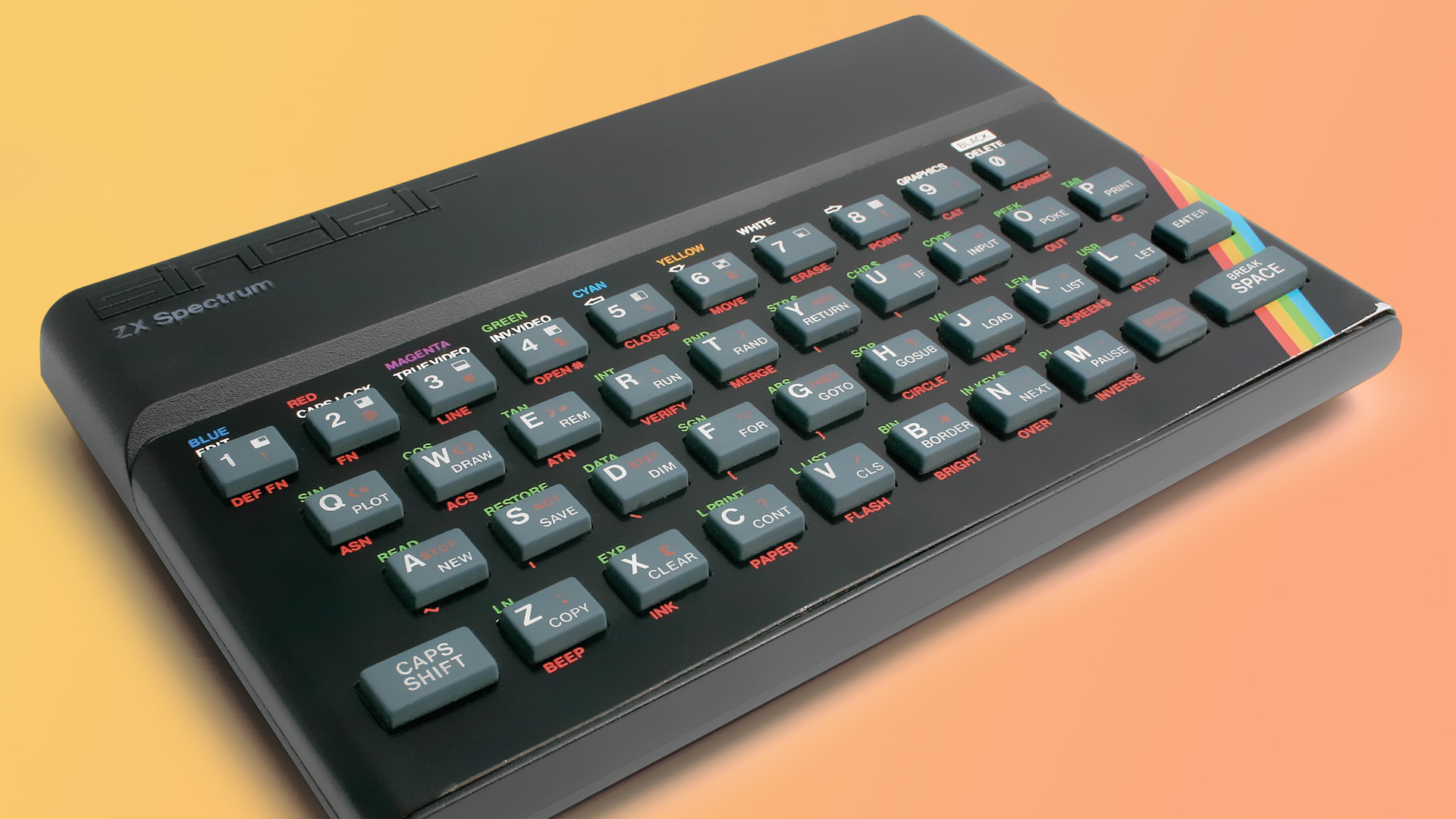 The ZX Spectrum with a colourful background.