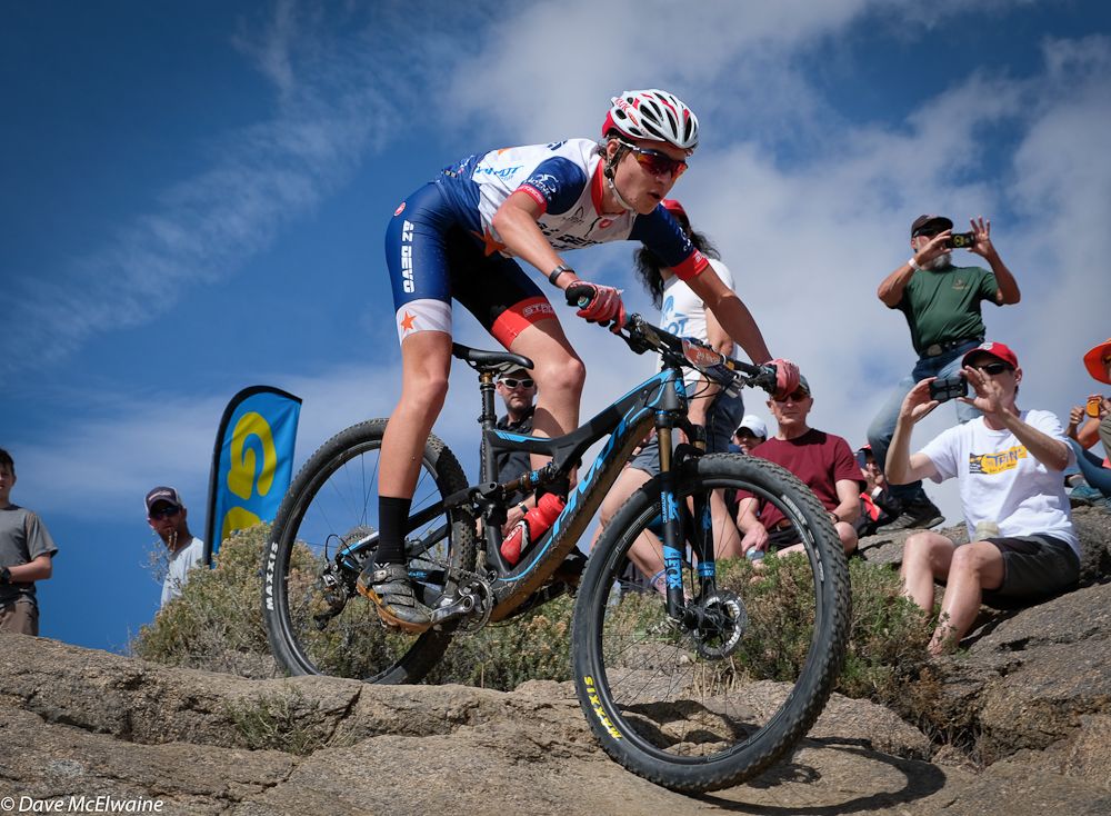 An AZ Devo racer approaches the rock drop section of the course