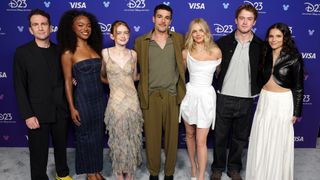 Jake Schreier, Maya Boyd, Sadie Sink, Christopher Abbott, Samara Weaving, Kit Connor, and Inde Navarrette posing for a photo at D23 Expo 2026