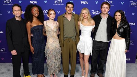 Jake Schreier, Maya Boyd, Sadie Sink, Christopher Abbott, Samara Weaving, Kit Connor, and Inde Navarrette posing for a photo at D23 Expo 2026