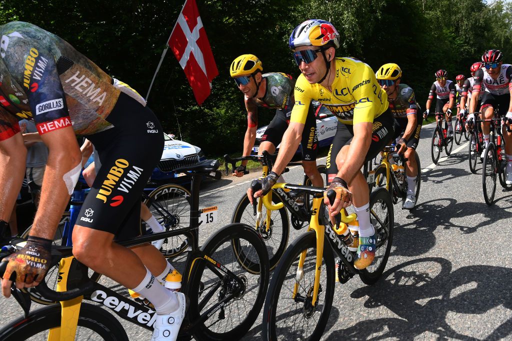 SONDERBORG DENMARK JULY 03 LR Tiesj Benoot of Belgium and Wout Van Aert of Belgium and Team Jumbo Visma Yellow Leader Jersey compete during the 109th Tour de France 2022 Stage 3 a 182km stage from Vejle to Snderborg TDF2022 WorldTour on July 03 2022 in Sonderborg Denmark Photo by Tim de WaeleGetty Images