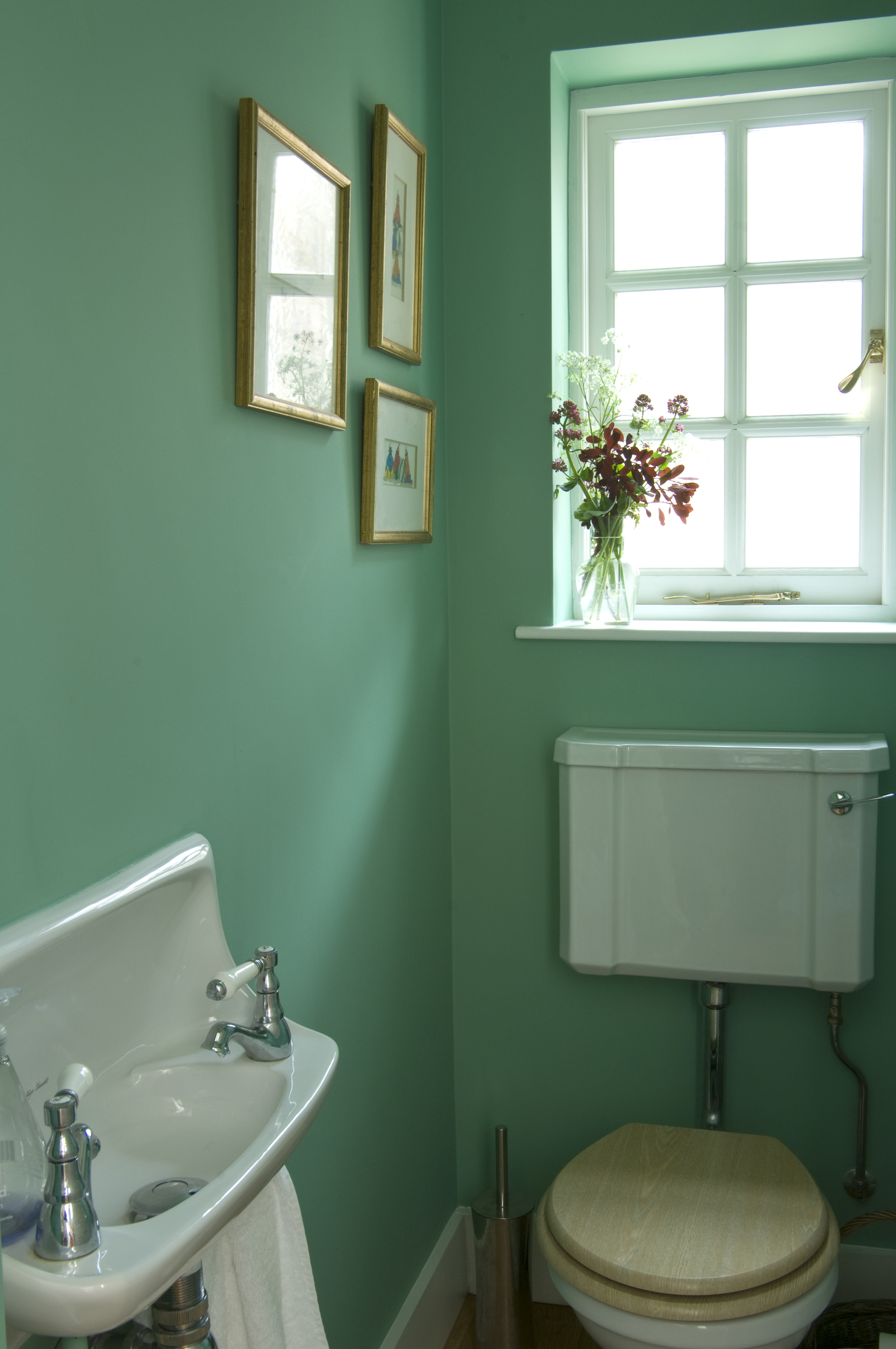 Bathroom painted in Farrow and Ball Arsenic Green