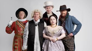 Paul Whitehouse in a Beefeater outfit as Royston, Simon Callow in clerical robes as the Archbishop of Canterbury, Alex Macqueen in a dark coat and white hat as the Crown Jeweller, Nicola Coughlan in a lilac dress as Queen Victoria and Toby Stephens in a blue jacket, cowboy hat and checked trousers as the US President Van Buren in Dodger.