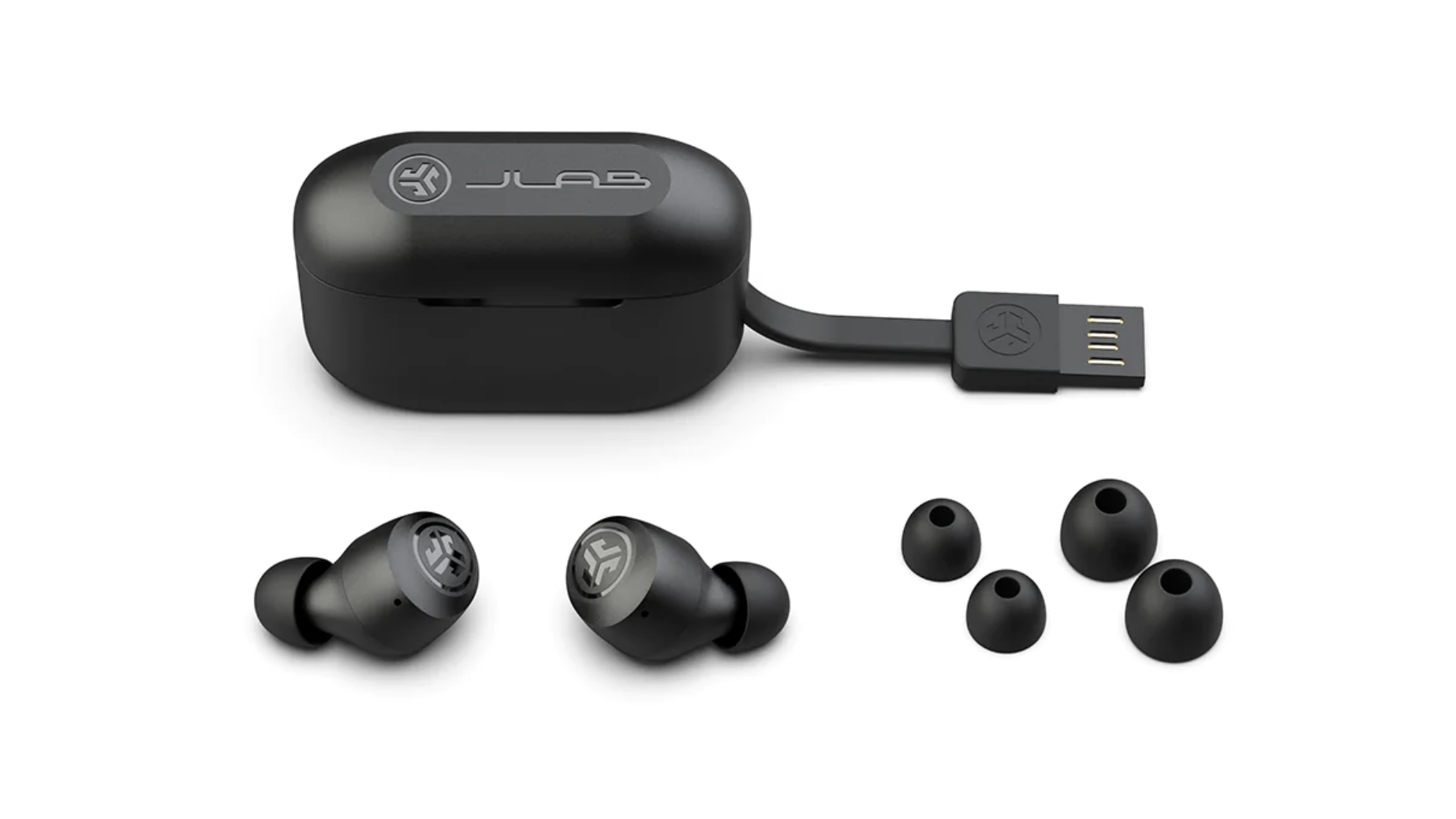 The JLab Go Air Pop true wireless earbuds in black next to their charging case and a range of customizable eartips.