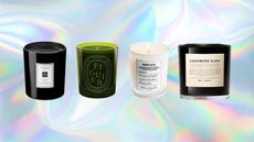 Four of the best candles from Jo Malone, Diptyque, Maison Margiela and Boy Smells on Holographic vector graphic