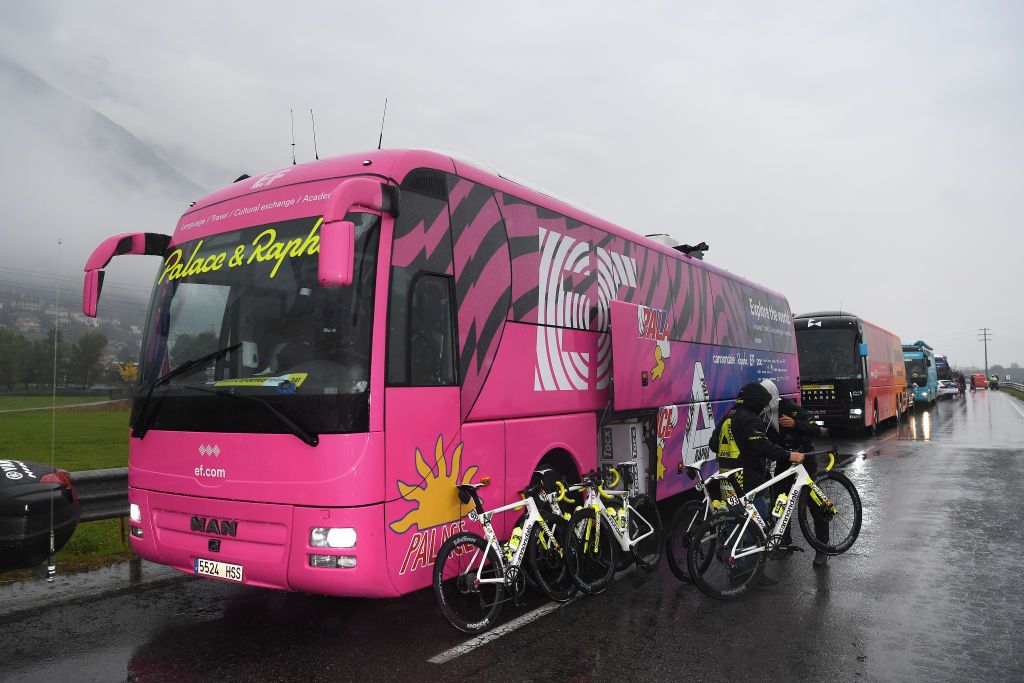 ASTI ITALY OCTOBER 23 Team EF Pro Cycling Race neutralised due to heavy rain and team riders protest Connondale Bikes Bus Team EF Pro Cycling special Rapha x Palace Skateboards Landscape during the 103rd Giro dItalia 2020 Stage 19 a 258km stage from Morbegno to Asti girodiitalia Giro on October 23 2020 in Asti Italy Photo by Tim de WaeleGetty Images