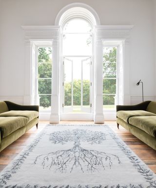 Alexander McQueen Tree of Life rug in a large living room