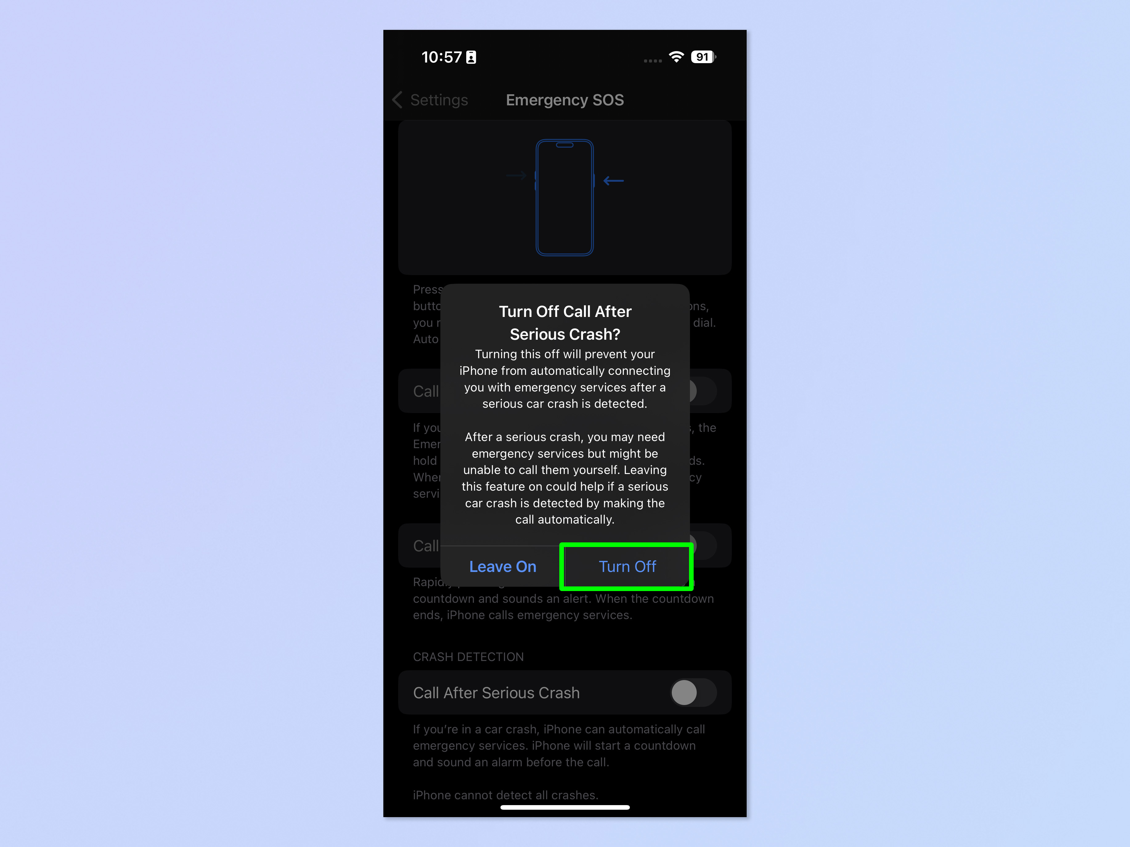 Снимок экрана, показывающий, как включить и отключить обнаружение сбоев на iPhone.