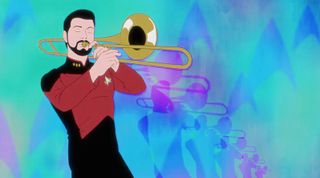 a man in a red starfleet uniform plays the trombone