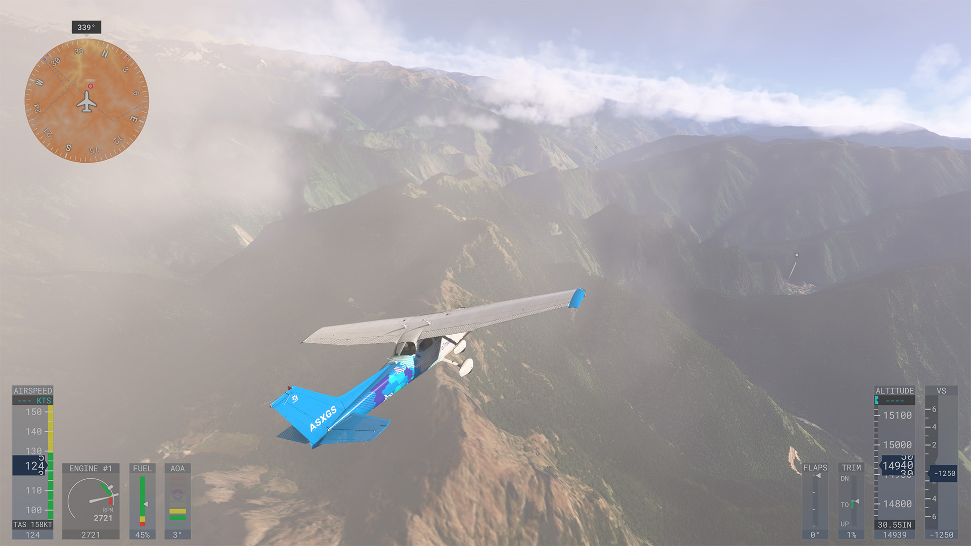 A Cessna 172 flying above the Andes with clouds fogging the screen.