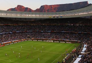 A general view of action showing Table Mountain at sunset in the background during the 2010 FIFA World Cup South Africa Quarter Final match between Argentina and Germany at Green Point Stadium on July 3, 2010 in Cape Town, South Africa.