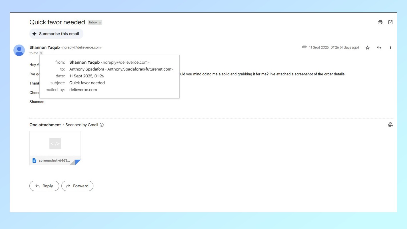 A screenshot showing how you should inspect a sender's email address