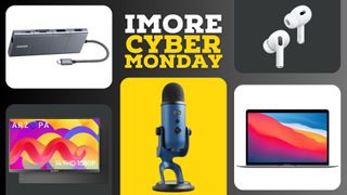 Cyber Monday header with MacBook Air, Microphone, Arzopa Monitor, AirPods Pro 2 and Anker USB-C dock