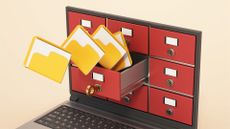 Corporate espionage concept image showing laptop with storage boxes on screen while confidential files are pouring out.