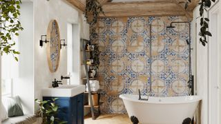 bathroom with exposed beams and patterned wall tiles