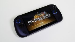 A Lenovo Legion Go S (SteamOS) on a desk playing Final Fantasy Tactics: The Ivalice Chronicles