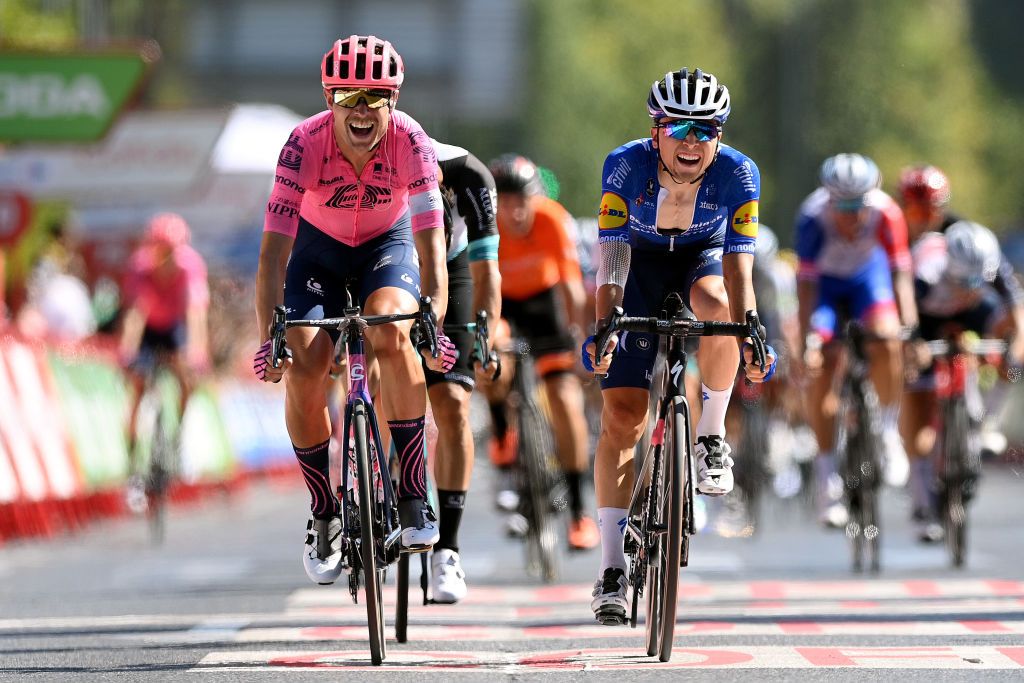 CORDOBA SPAIN AUGUST 26 Magnus Cort Nielsen of Denmark and Team EF Education Nippo celebrates winning ahead of Andrea Bagioli of Italy and Team Deceuninck QuickStep during the 76th Tour of Spain 2021 Stage 12 a 175 km stage from Jan to Crdoba lavuelta LaVuelta21 on August 26 2021 in Cordoba Spain Photo by Stuart FranklinGetty Images