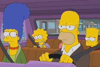 the simpsons family rides in a car with the kids in the backseat