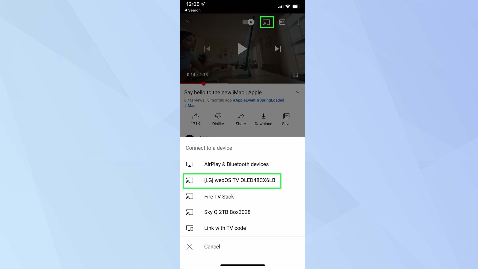 Image of YouTube app on iOS with connect to device highlighted